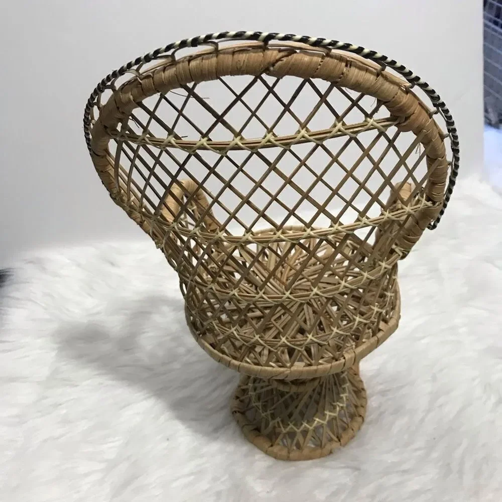 Mini‎ Papasan Boho Doll Chair Whicker Peacock Fan Back Rattan Chair Plant Stand